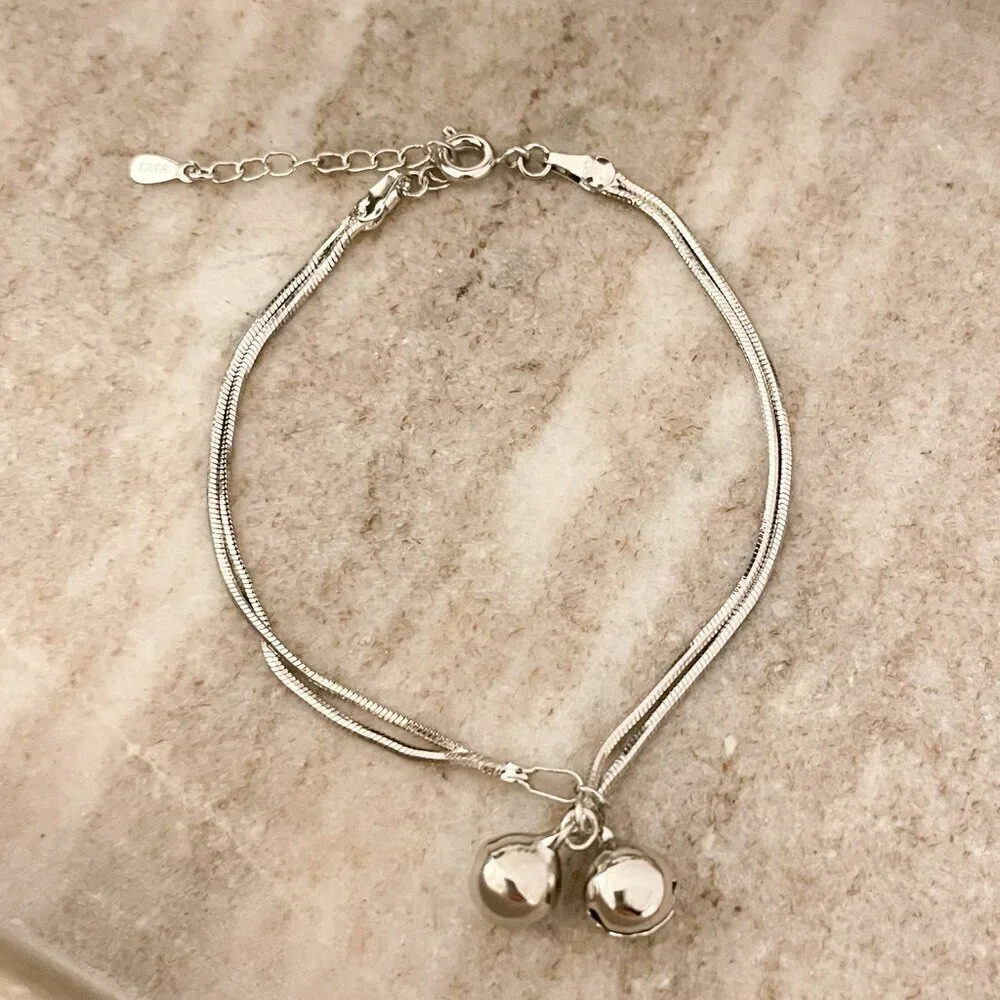 925 Sterling Silver Dangle Ball Bracelet Dainty Bracelet Two Layer Bracelet